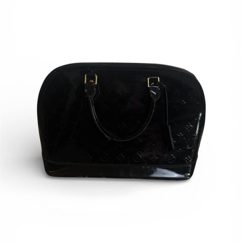 Black Patent Leather Structured Satchel Monogram Embossed Bag